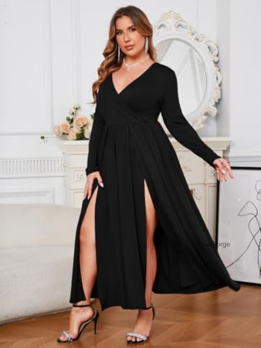 Plus Size 0X-4X Double High Split Maxi Dress Ruffle Sleeve - Picture 6 of 7
